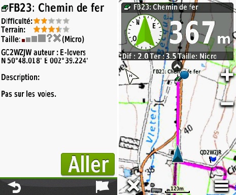 Le mode Chasse au trésor donne les informations nécessaire à la pratique du géocaching