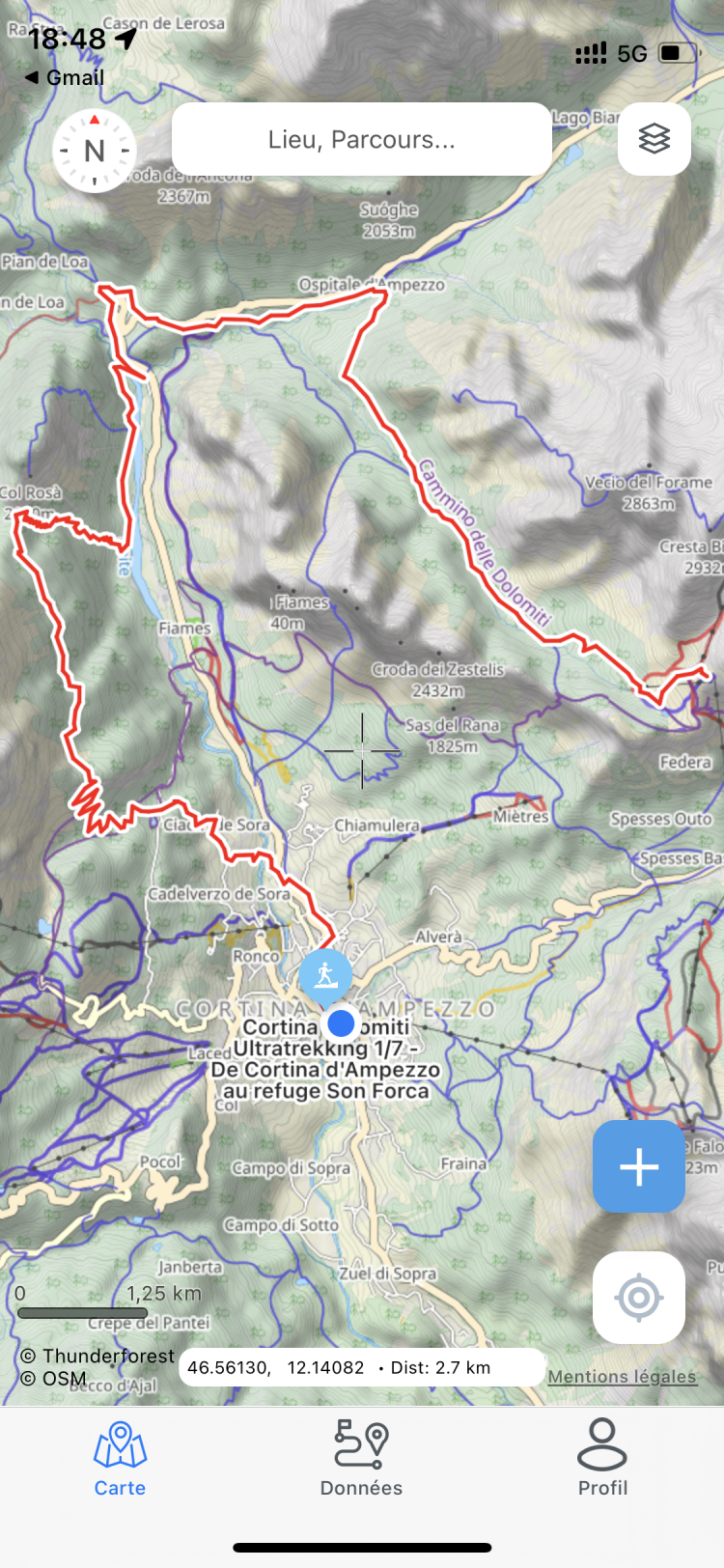 Carte OSM avec trace GPX importée sur IGNrando'