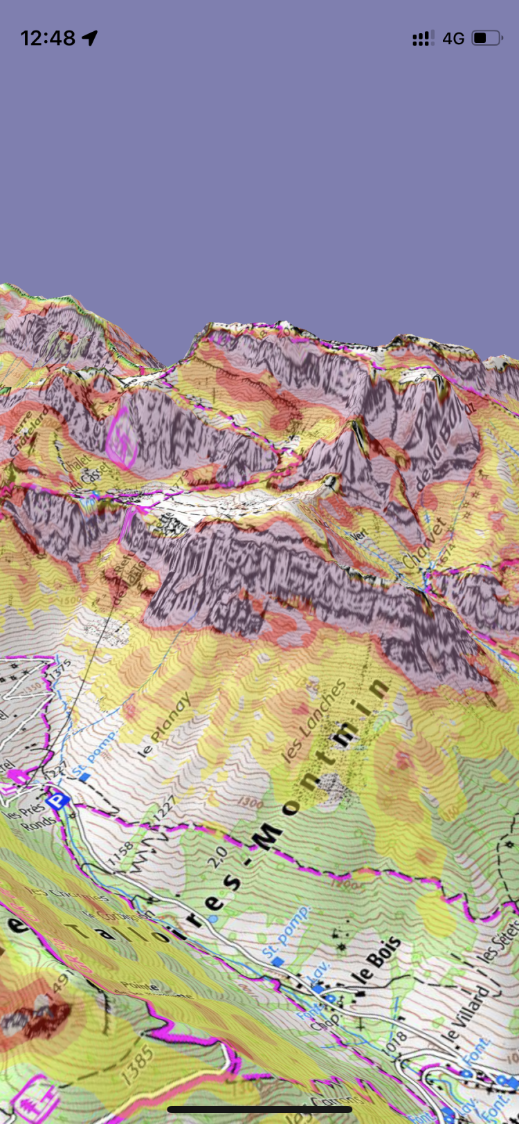 3D sur carte IGN (fonction Vmax payante) - Filtre des pentes en transparence sur iPhiGenie