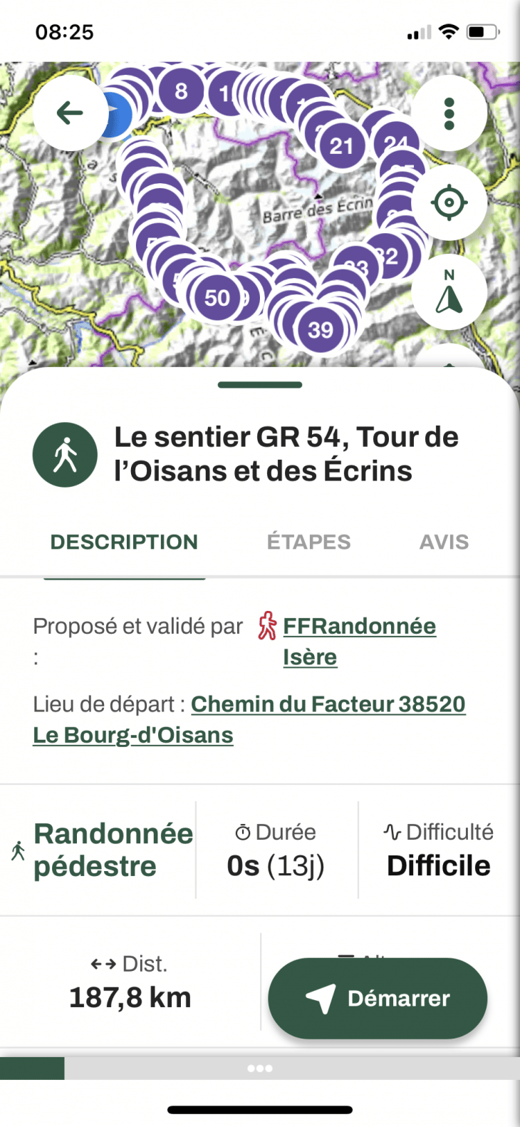 Exemple d'itinéraire avec le GR54 de l'Application MaRando®